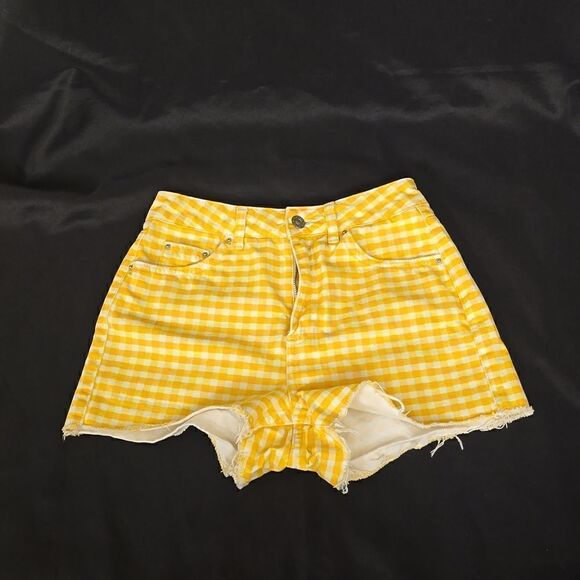 TopShop Moto Raw Hem Yellow Gingham Mom Shorts - Picture 1 of 8